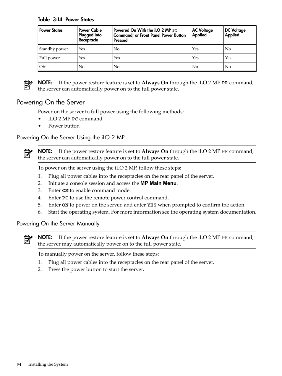 Powering on the server, Powering on the server using the ilo 2 mp, Powering on the server manually | Power states, Table 3-14 | HP INTEGRITY RX3600 User Manual | Page 94 / 356