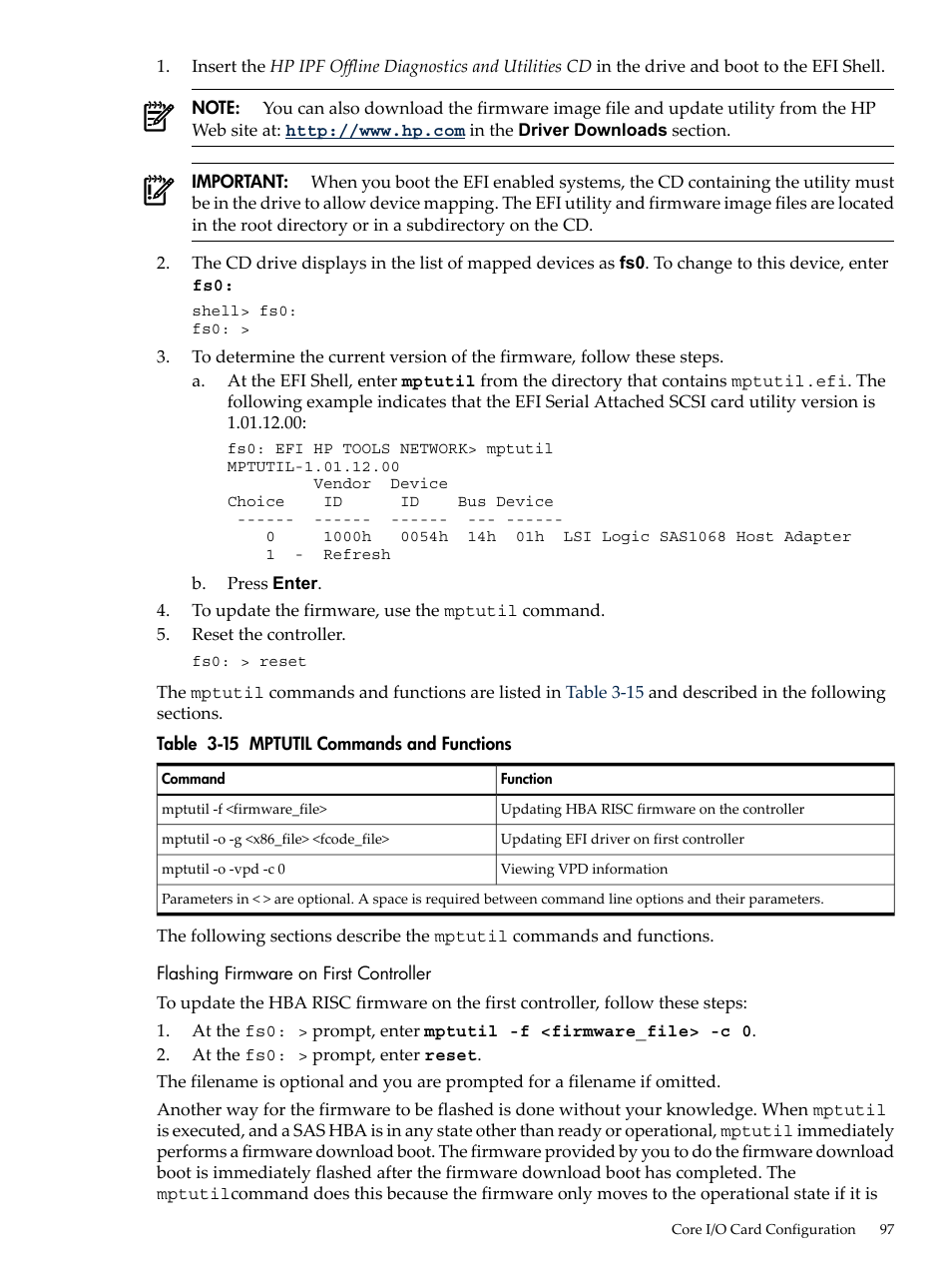 Flashing firmware on first controller, Mptutil commands and functions | HP INTEGRITY RX3600 User Manual | Page 97 / 356