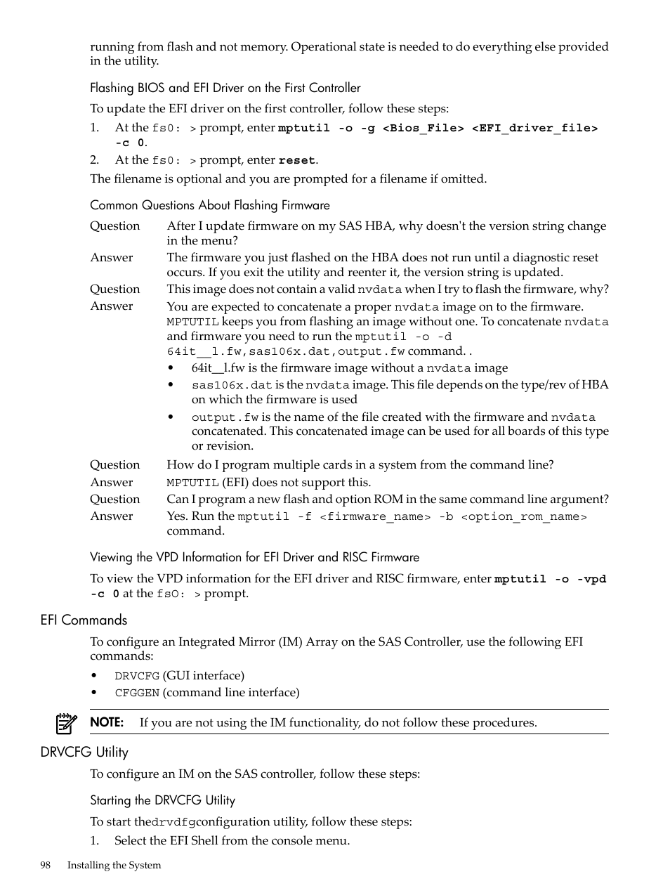 Common questions about flashing firmware, Efi commands, Drvcfg utility | Starting the drvcfg utility, Efi commands drvcfg utility | HP INTEGRITY RX3600 User Manual | Page 98 / 356