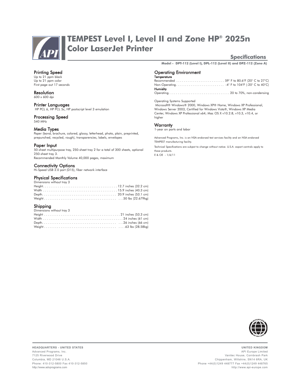 Tempest level i, level ii and zone hp, 2025n color laserjet printer, Specifications | HP Tempest 2025n User Manual | Page 2 / 2