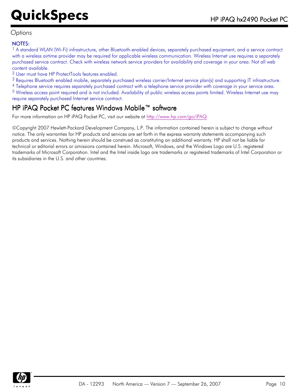 Quickspecs | HP iPAQhx HX2490b User Manual | Page 10 / 10