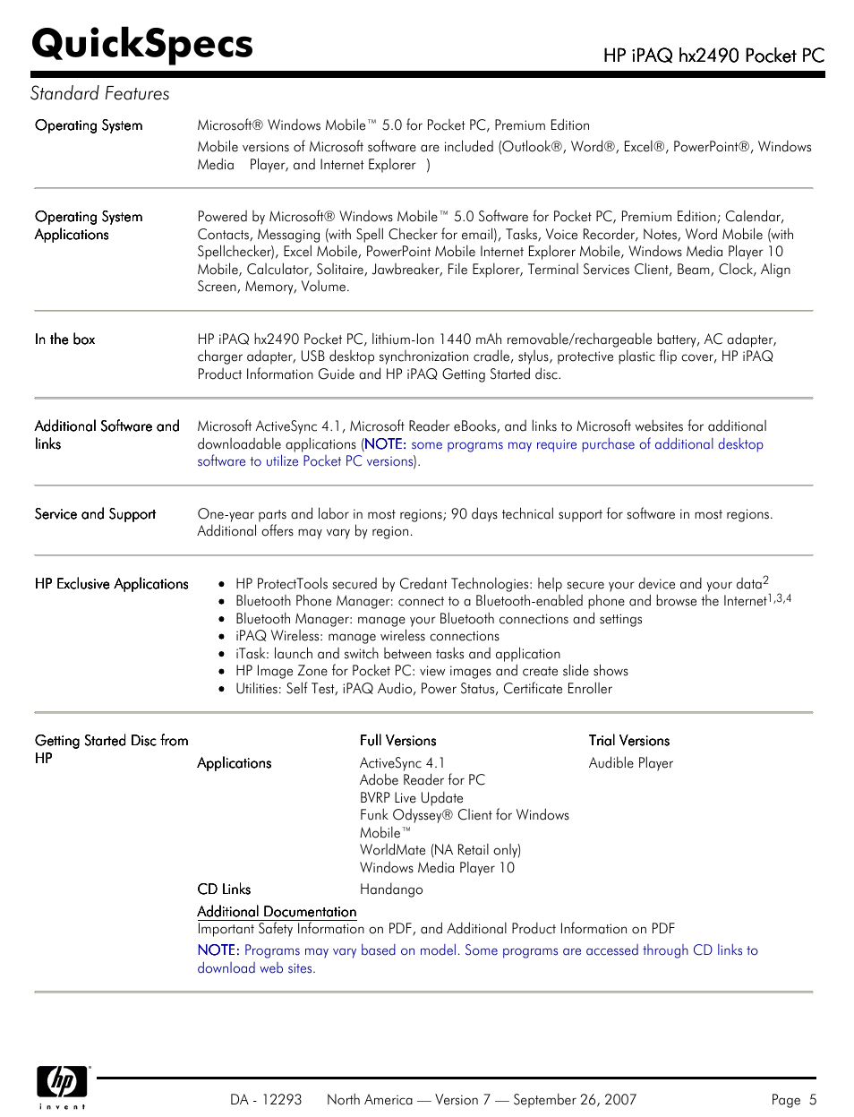 Quickspecs, Hp ipaq hx2490 pocket pc, Hp ipaq hx2490 pocket pc standard features | HP iPAQhx HX2490b User Manual | Page 5 / 10