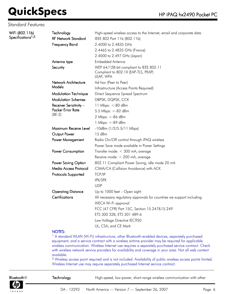 Quickspecs, Hp ipaq hx2490 pocket pc, Hp ipaq hx2490 pocket pc standard features | HP iPAQhx HX2490b User Manual | Page 6 / 10