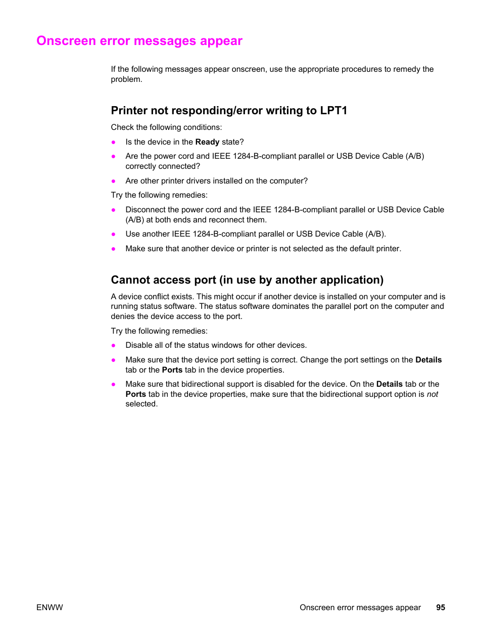 Onscreen error messages appear, Printer not responding/error writing to lpt1, Cannot access port (in use by another application) | HP 3030 User Manual | Page 105 / 182