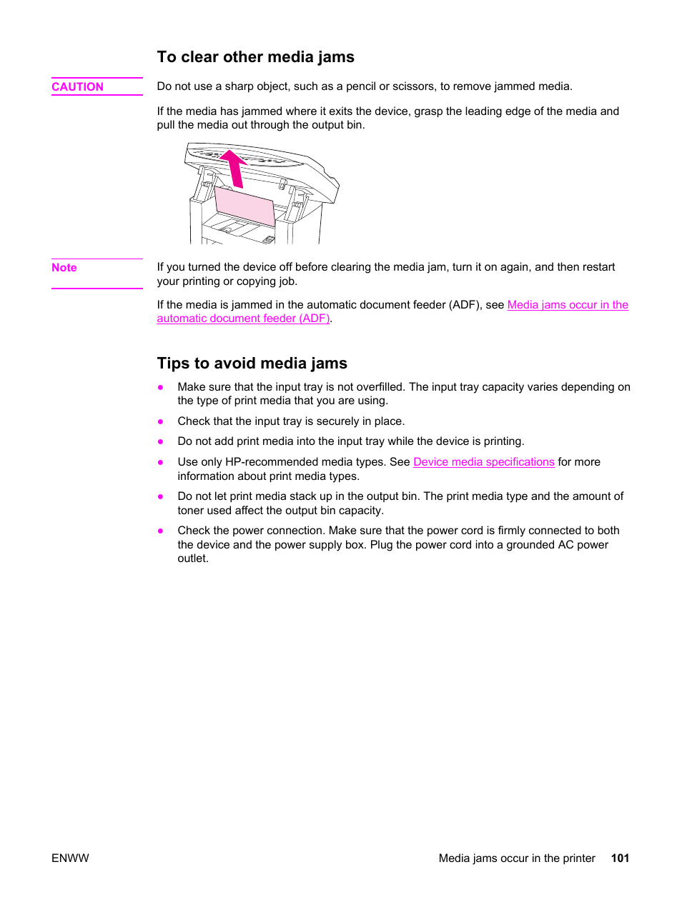 To clear other media jams, Tips to avoid media jams, To clear other media jams tips to avoid media jams | HP 3030 User Manual | Page 111 / 182