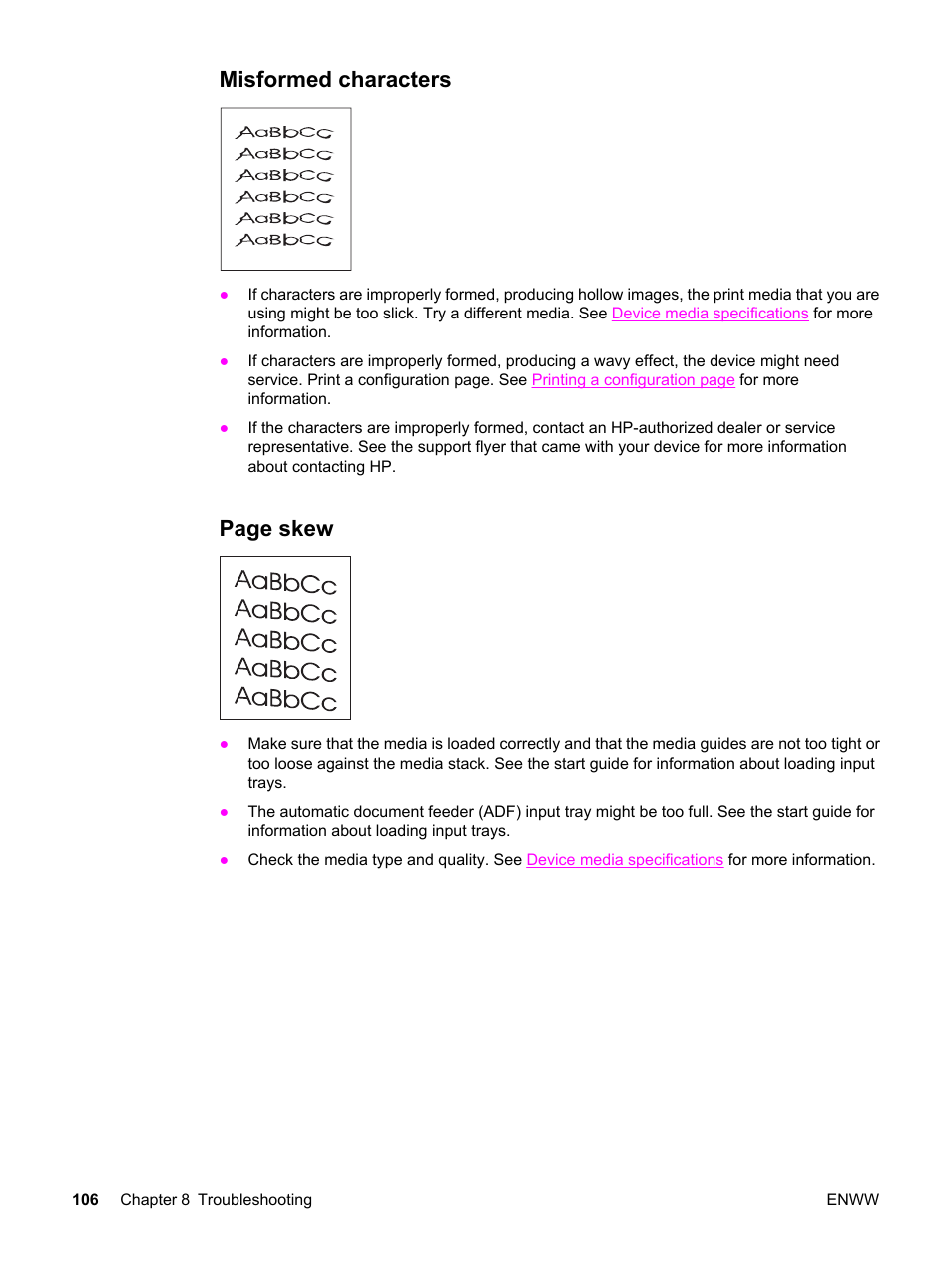 Misformed characters, Page skew | HP 3030 User Manual | Page 116 / 182