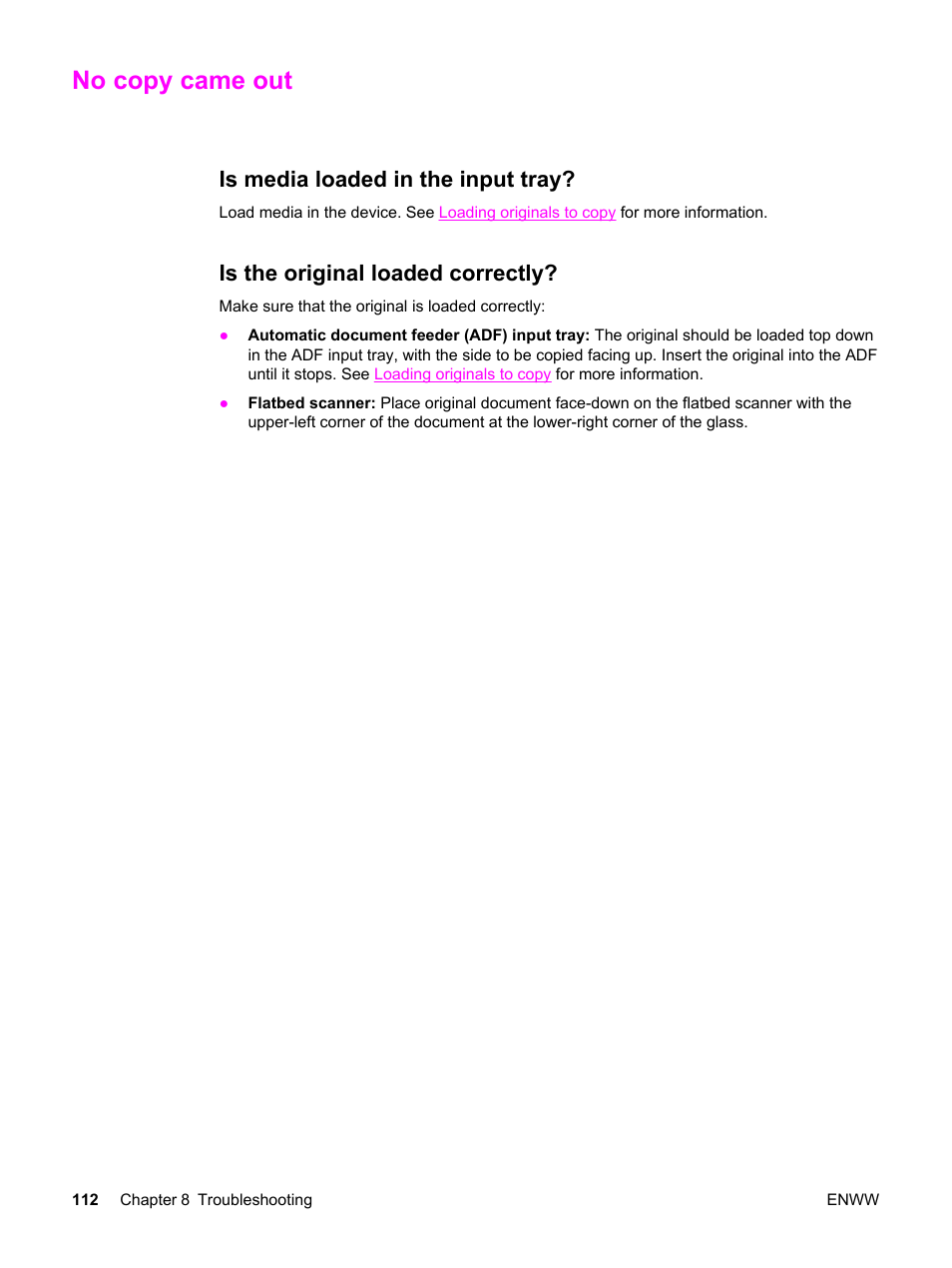 No copy came out, Is media loaded in the input tray, Is the original loaded correctly | HP 3030 User Manual | Page 122 / 182