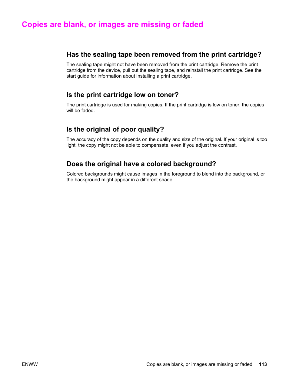 Copies are blank, or images are missing or faded, Is the print cartridge low on toner, Is the original of poor quality | Does the original have a colored background | HP 3030 User Manual | Page 123 / 182