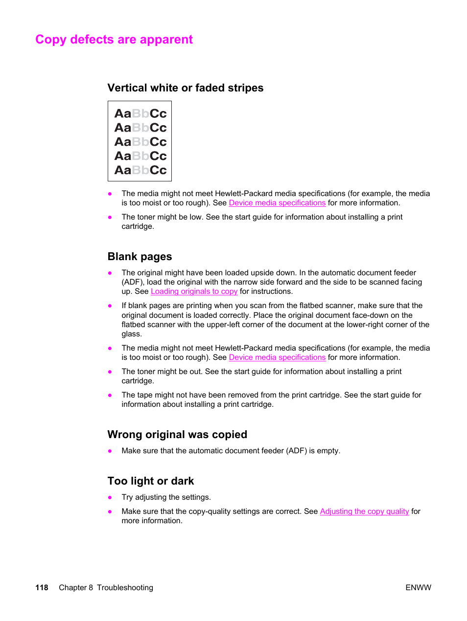 Copy defects are apparent, Vertical white or faded stripes, Wrong original was copied | Too light or dark, Blank pages | HP 3030 User Manual | Page 128 / 182
