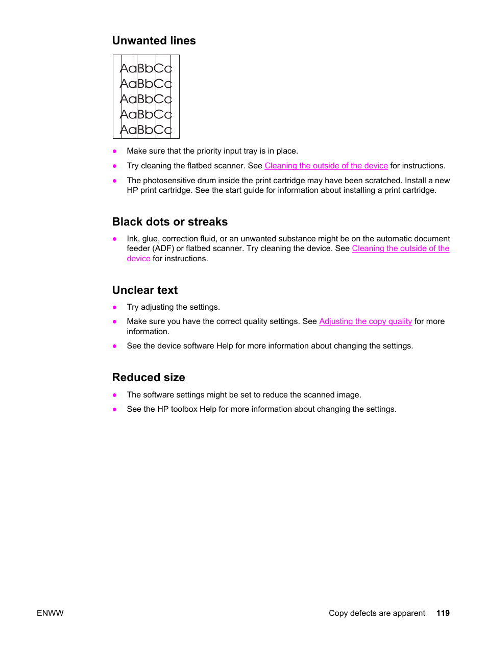 Unwanted lines, Black dots or streaks, Unclear text | Reduced size | HP 3030 User Manual | Page 129 / 182