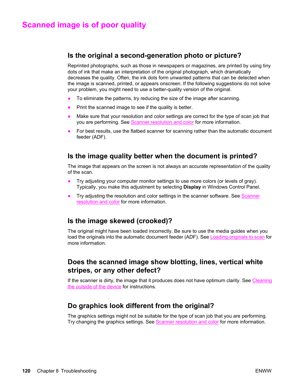 Scanned image is of poor quality, Is the image skewed (crooked), Do graphics look different from the original | HP 3030 User Manual | Page 130 / 182