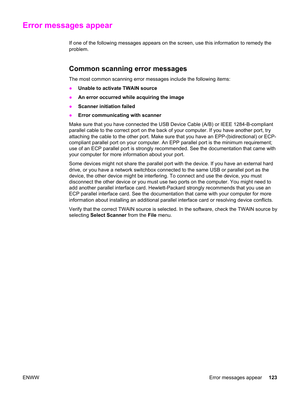 Error messages appear, Common scanning error messages | HP 3030 User Manual | Page 133 / 182