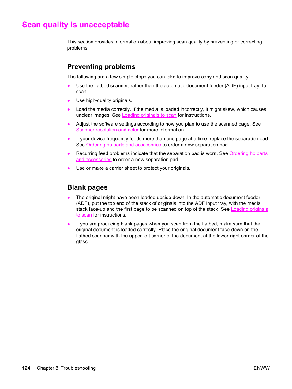 Scan quality is unacceptable, Preventing problems, Blank pages | HP 3030 User Manual | Page 134 / 182