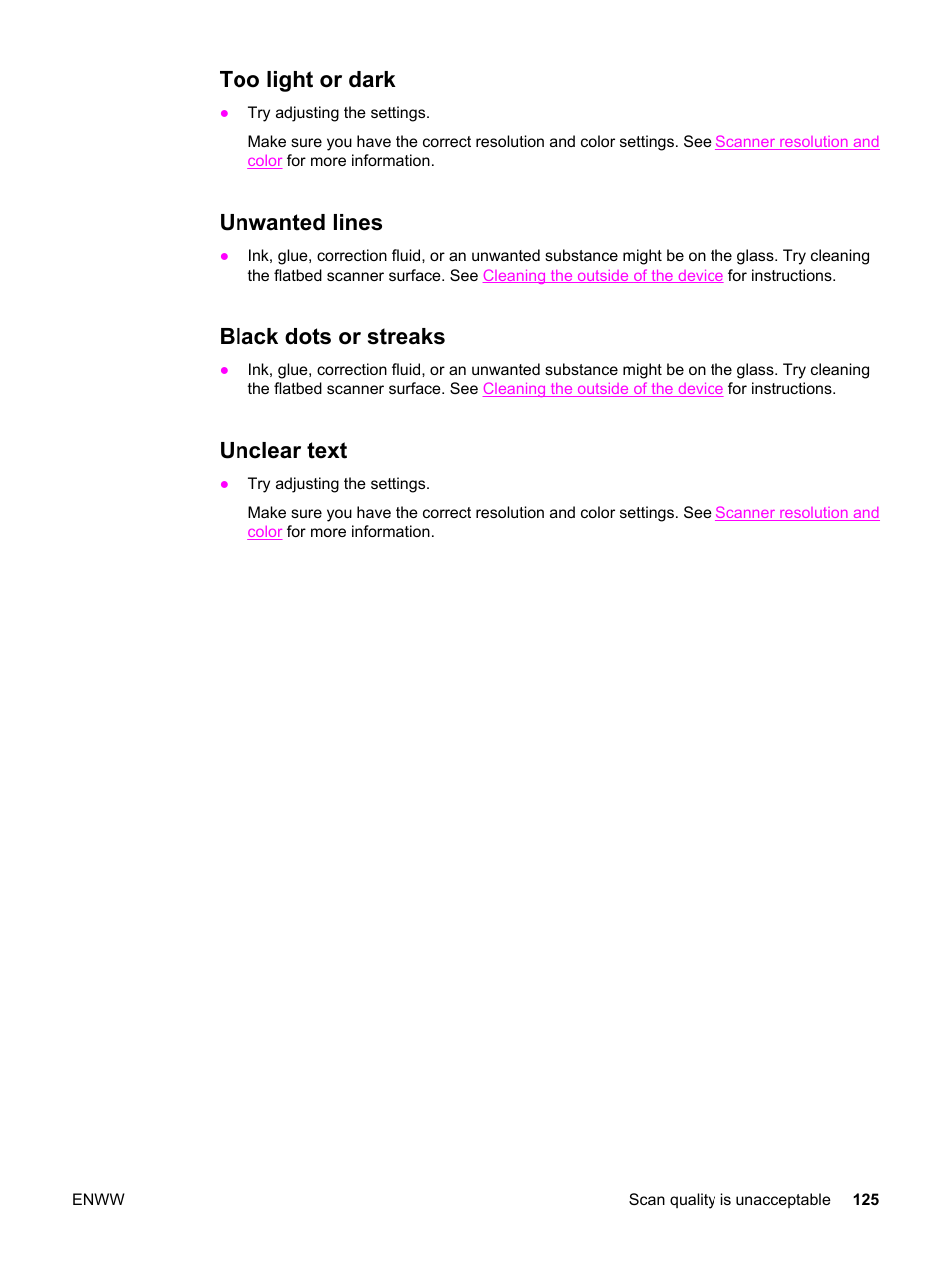 Too light or dark, Unwanted lines, Black dots or streaks | Unclear text | HP 3030 User Manual | Page 135 / 182