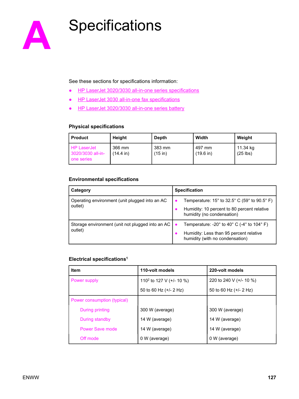 Specifications, Appendix a specifications | HP 3030 User Manual | Page 137 / 182