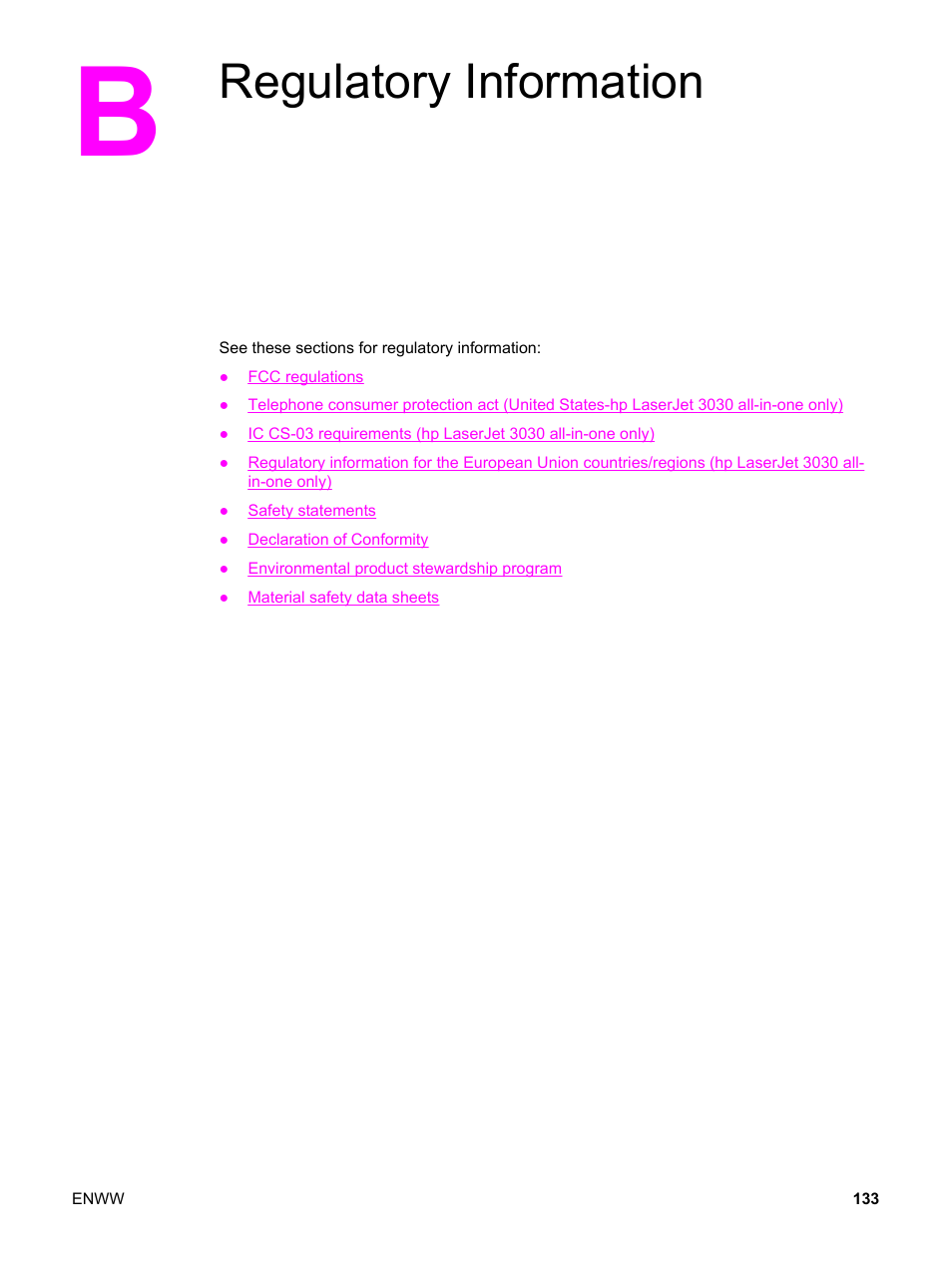 Regulatory information, Appendix b regulatory information | HP 3030 User Manual | Page 143 / 182