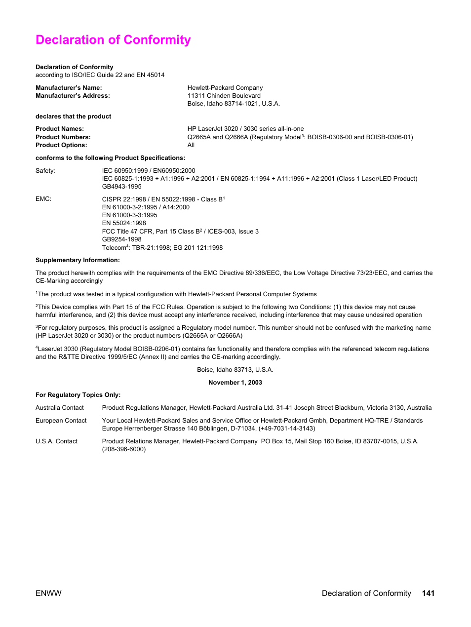 Declaration of conformity, Enww declaration of conformity 141 | HP 3030 User Manual | Page 151 / 182