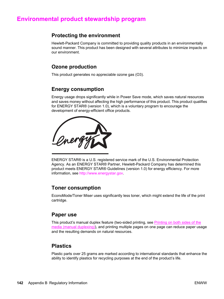 Environmental product stewardship program, Protecting the environment, Ozone production | Energy consumption, Toner consumption, Paper use, Plastics | HP 3030 User Manual | Page 152 / 182