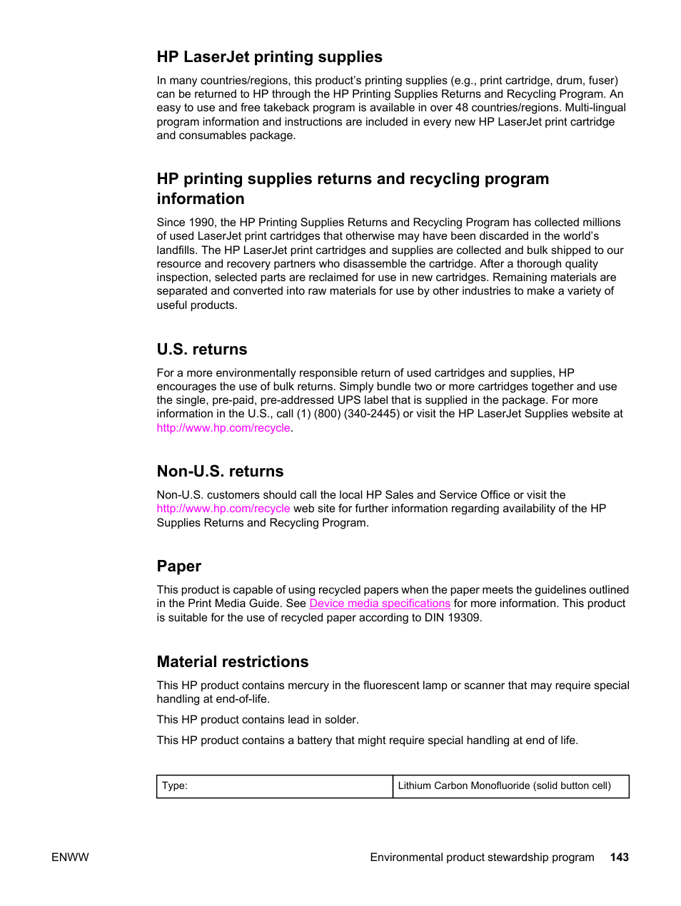 Hp laserjet printing supplies, U.s. returns, Non-u.s. returns | Paper, Material restrictions | HP 3030 User Manual | Page 153 / 182