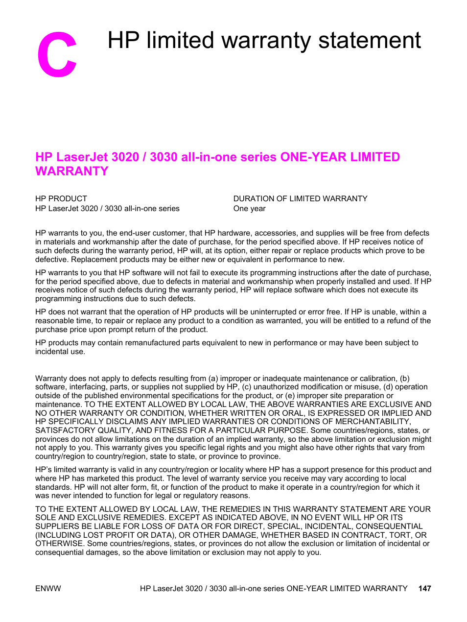 Hp limited warranty statement, Appendix c hp limited warranty statement | HP 3030 User Manual | Page 157 / 182