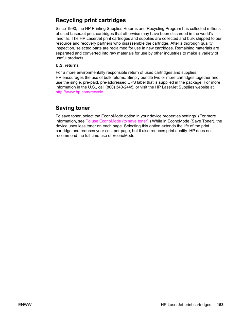 Recycling print cartridges, Saving toner, Recycling print cartridges saving toner | Saving, Toner | HP 3030 User Manual | Page 163 / 182