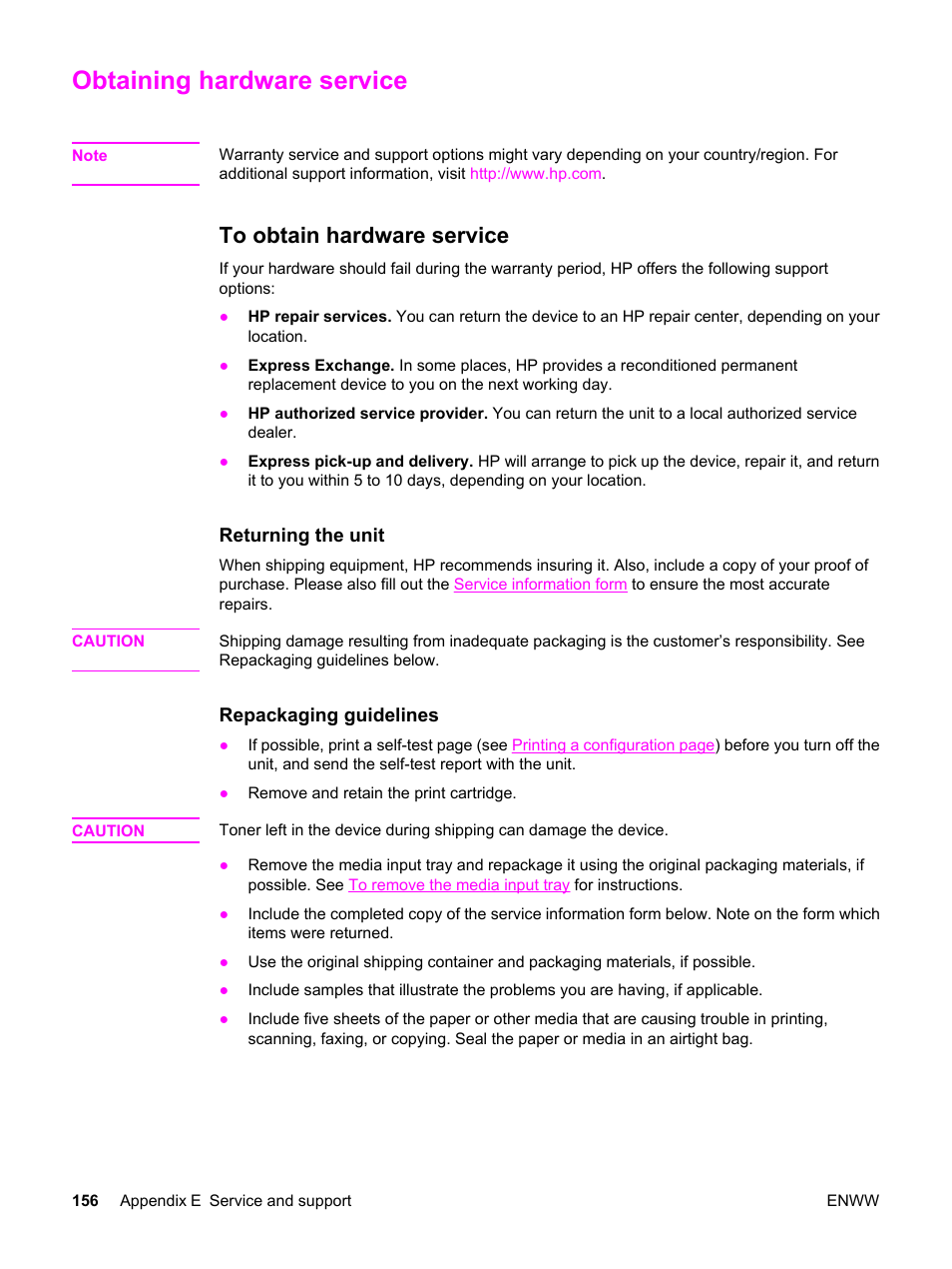 Obtaining hardware service, To obtain hardware service | HP 3030 User Manual | Page 166 / 182
