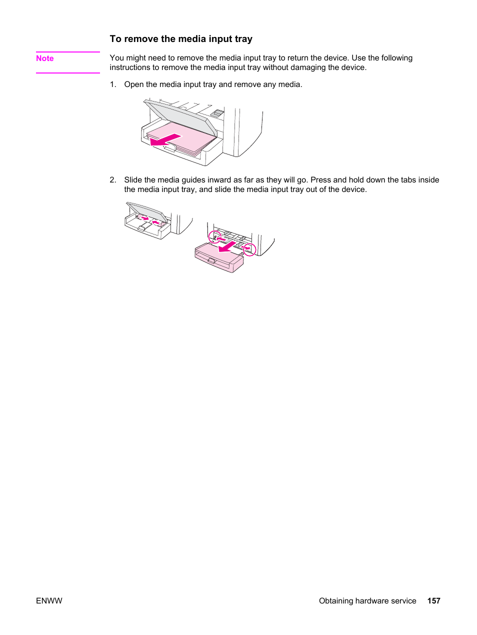 To remove the media input tray | HP 3030 User Manual | Page 167 / 182