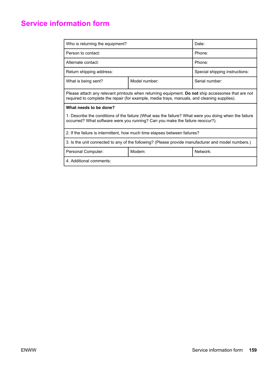 Service information form | HP 3030 User Manual | Page 169 / 182