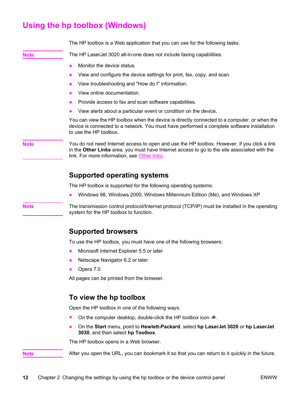 Using the hp toolbox (windows), Supported operating systems, Supported browsers | To view the hp toolbox | HP 3030 User Manual | Page 22 / 182