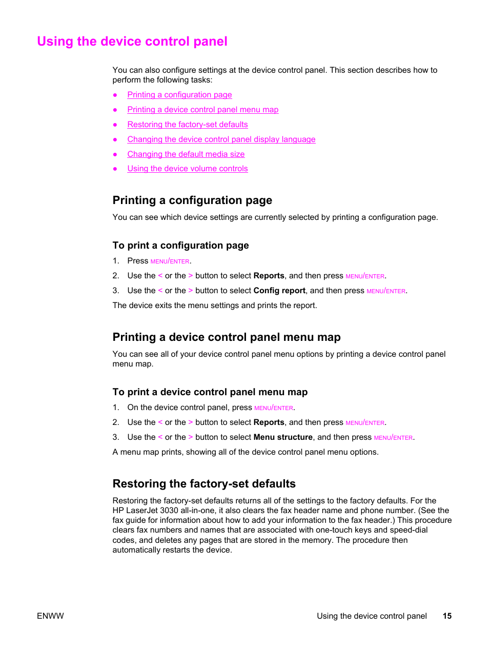 Using the device control panel, Printing a device control panel menu map, Restoring the factory-set defaults | Printing a configuration page | HP 3030 User Manual | Page 25 / 182