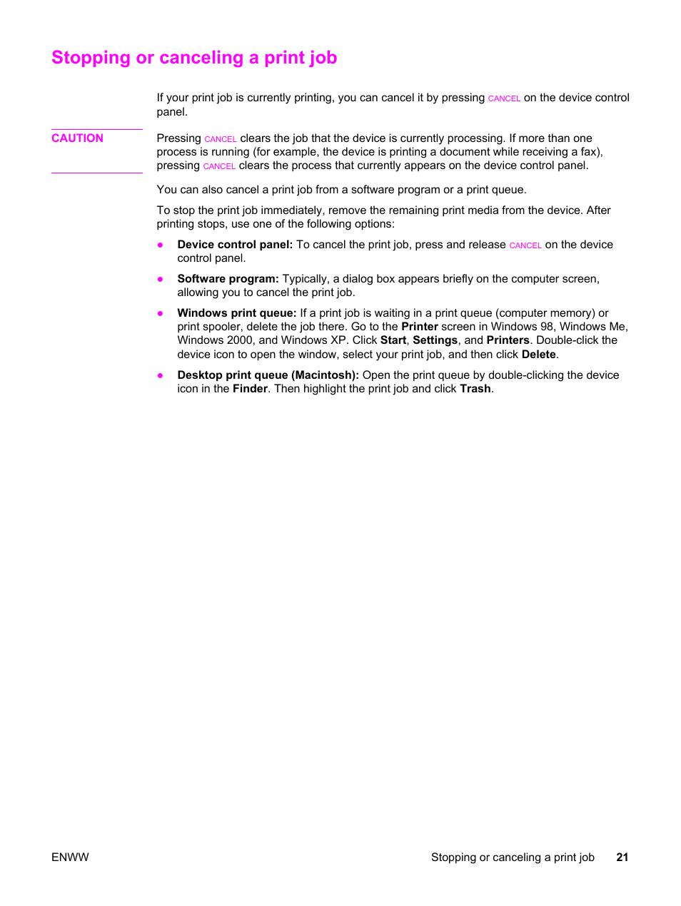 Stopping or canceling a print job | HP 3030 User Manual | Page 31 / 182