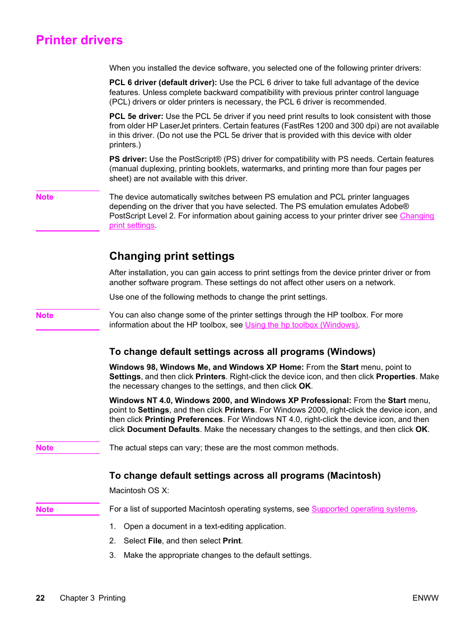 Printer drivers, Changing print settings | HP 3030 User Manual | Page 32 / 182