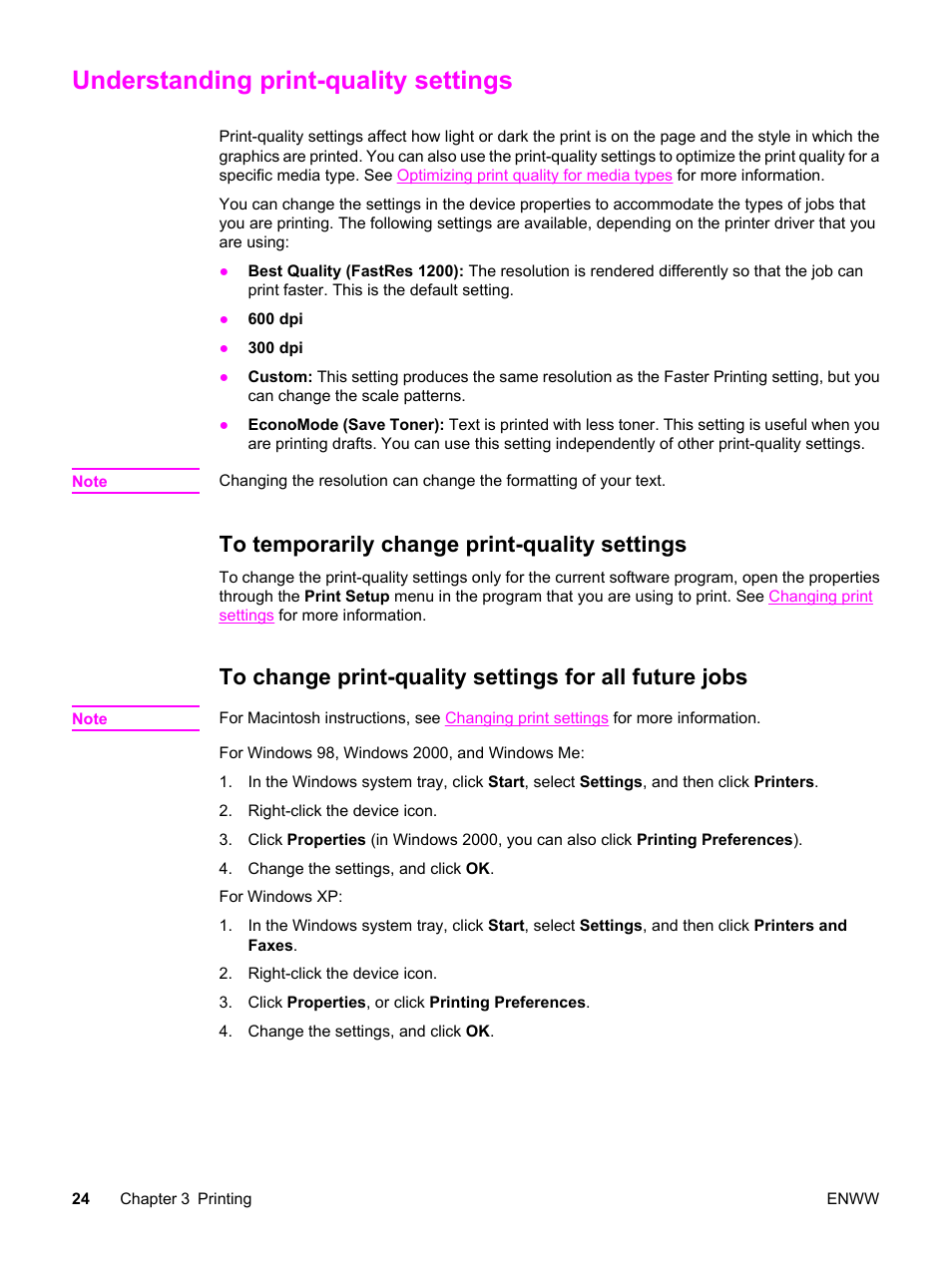 Understanding print-quality settings, To temporarily change print-quality settings | HP 3030 User Manual | Page 34 / 182