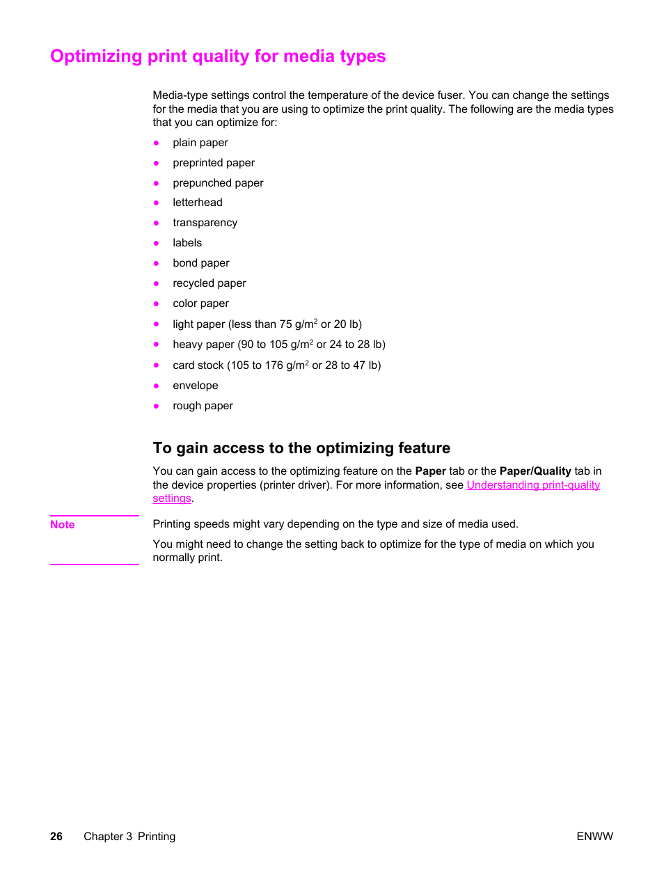 Optimizing print quality for media types, To gain access to the optimizing feature | HP 3030 User Manual | Page 36 / 182