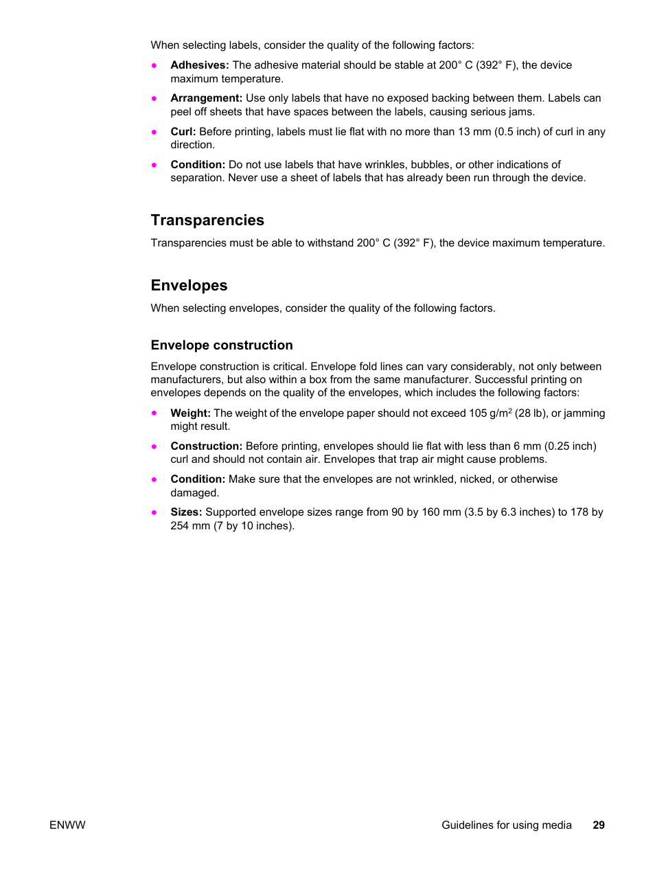 Transparencies, Envelopes, Transparencies envelopes | HP 3030 User Manual | Page 39 / 182