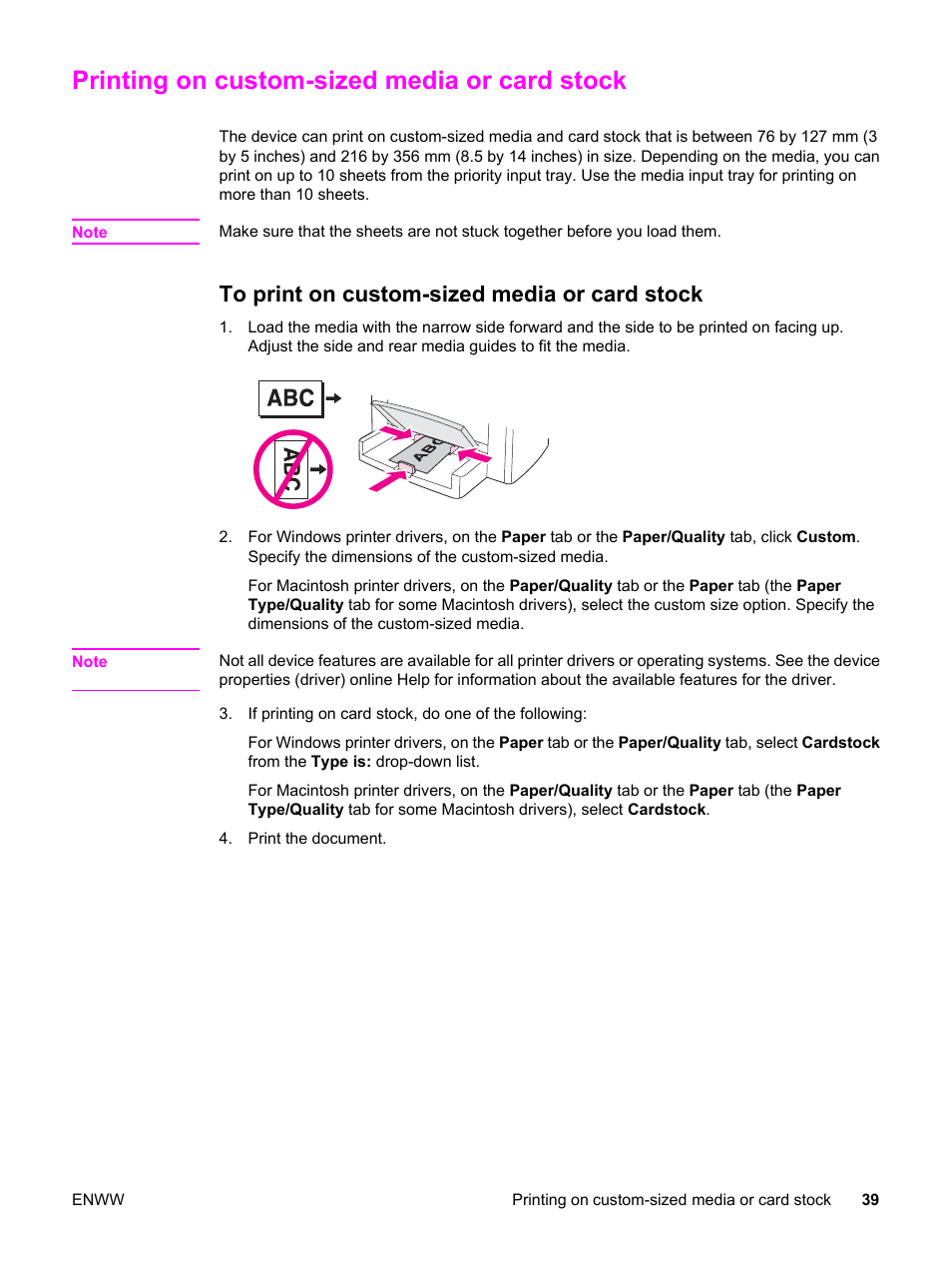 Printing on custom-sized media or card stock, To print on custom-sized media or card stock | HP 3030 User Manual | Page 49 / 182