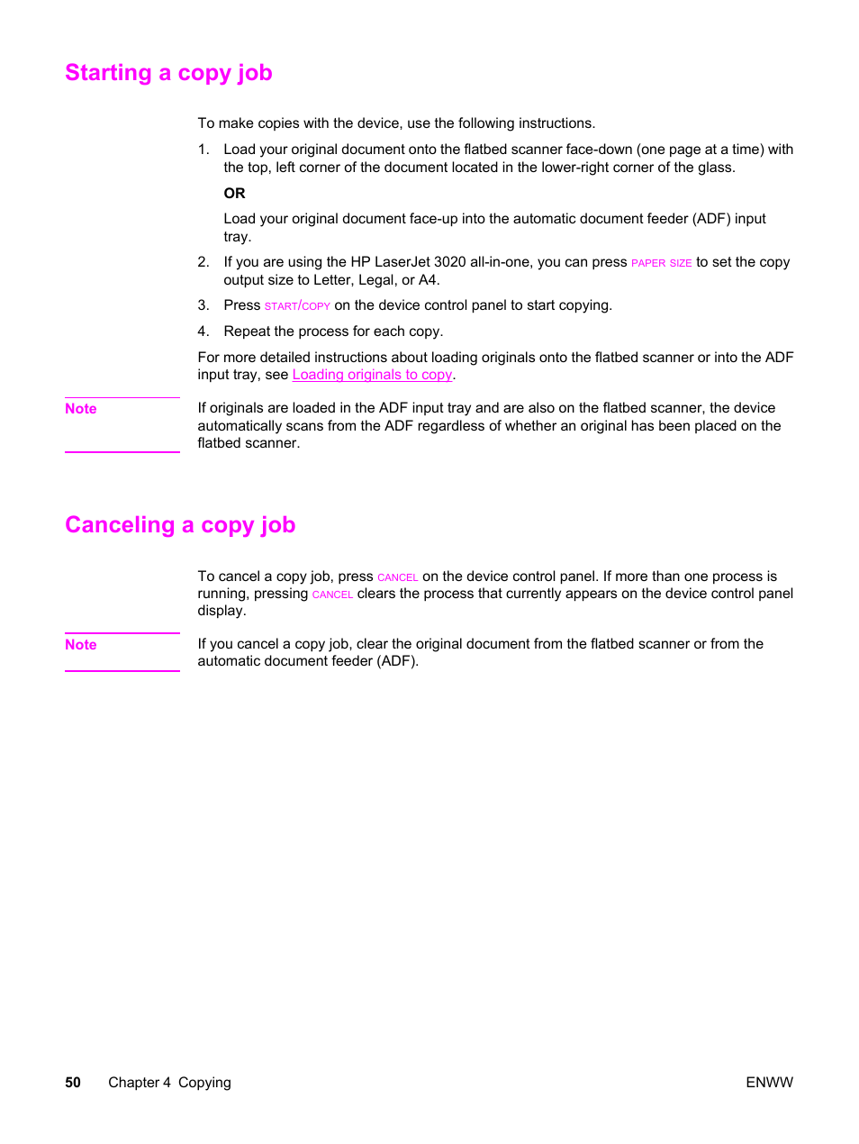 Starting a copy job, Canceling a copy job, Starting a copy job canceling a copy job | HP 3030 User Manual | Page 60 / 182