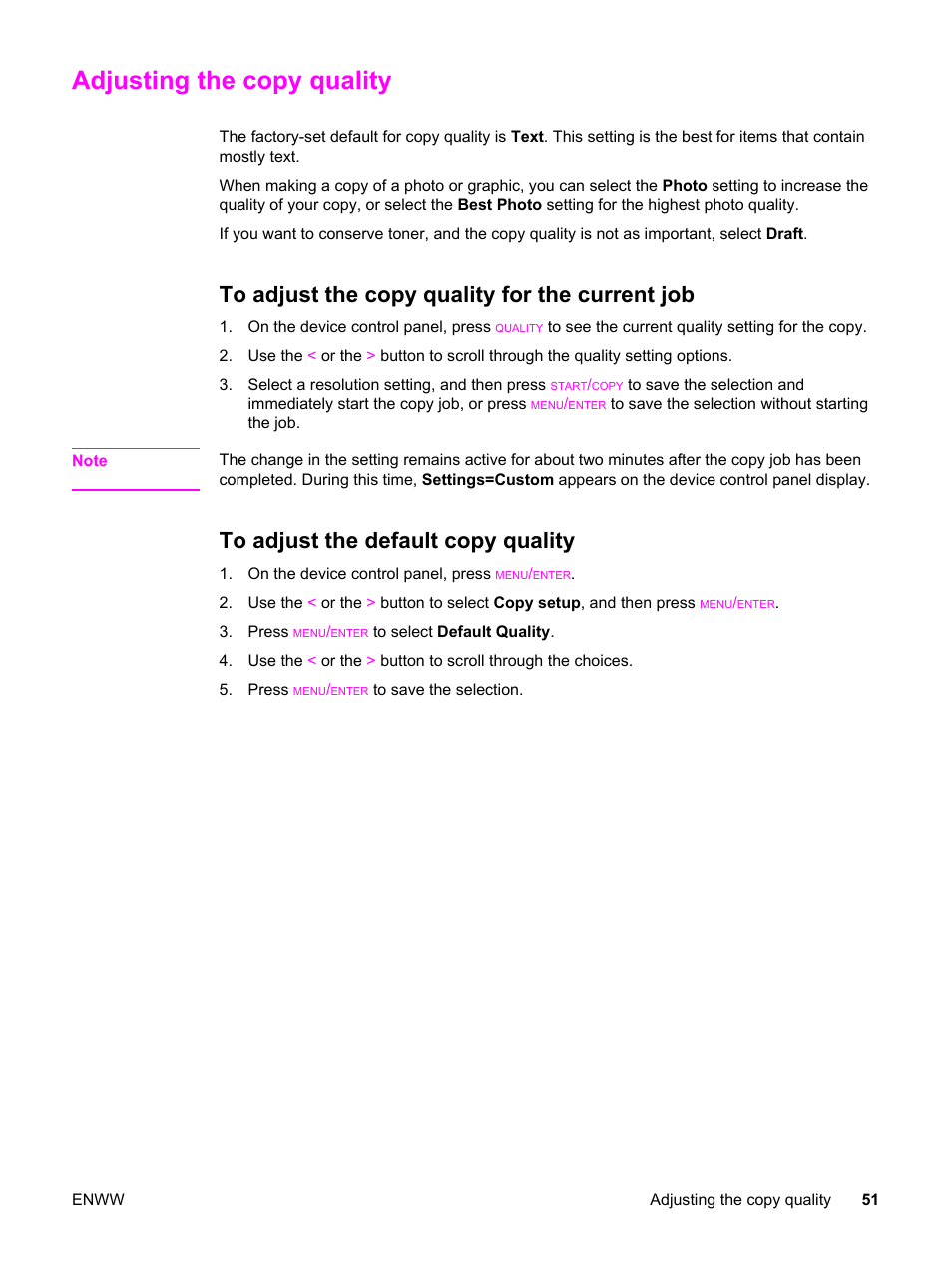 Adjusting the copy quality, To adjust the copy quality for the current job, To adjust the default copy quality | HP 3030 User Manual | Page 61 / 182
