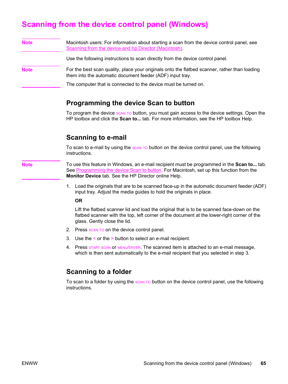 Scanning from the device control panel (windows), Programming the device scan to button, Scanning to e-mail | Scanning to a folder, Scanning from the device, Control panel (windows) | HP 3030 User Manual | Page 75 / 182