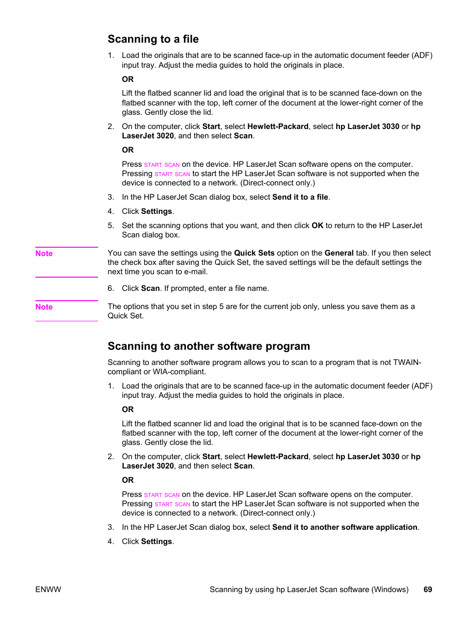 Scanning to a file, Scanning to another software program | HP 3030 User Manual | Page 79 / 182