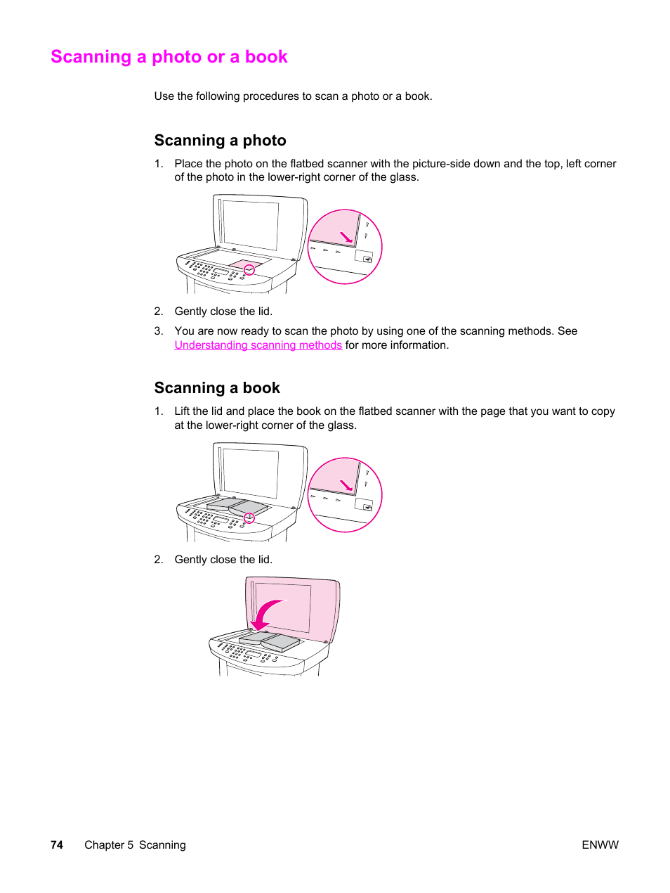 Scanning a photo or a book, Scanning a photo, Scanning a book | Scanning a photo scanning a book | HP 3030 User Manual | Page 84 / 182