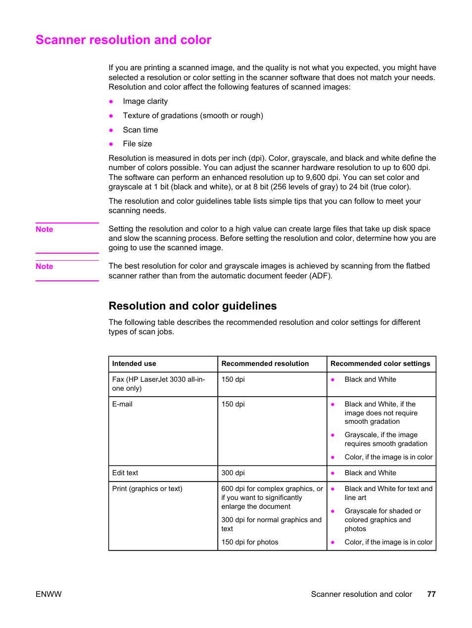 Scanner resolution and color, Resolution and color guidelines | HP 3030 User Manual | Page 87 / 182