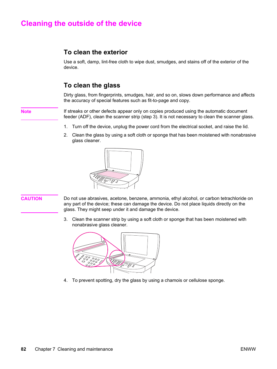 Cleaning the outside of the device, To clean the exterior, To clean the glass | To clean the exterior to clean the glass | HP 3030 User Manual | Page 92 / 182