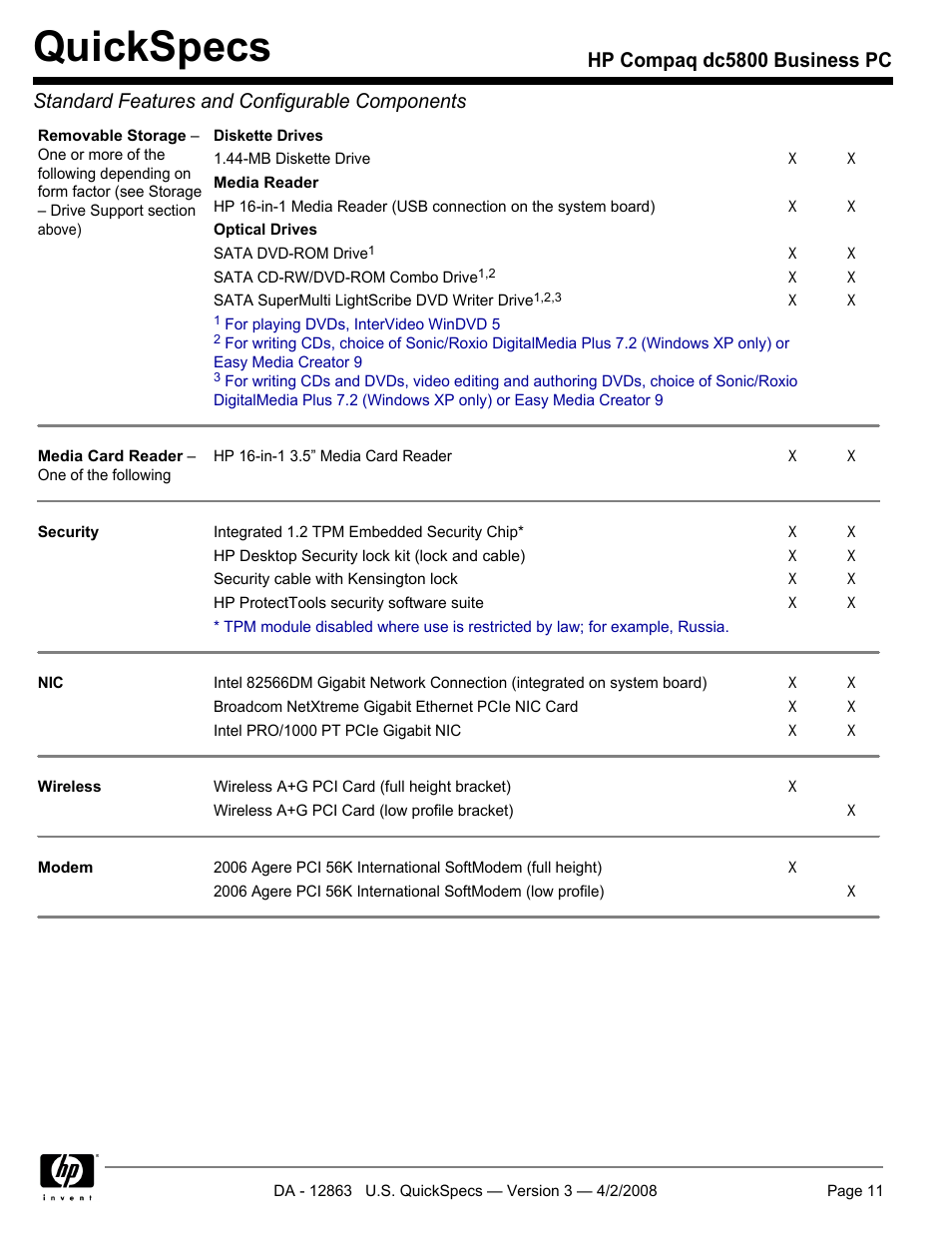 Quickspecs | HP DC5800 User Manual | Page 11 / 44