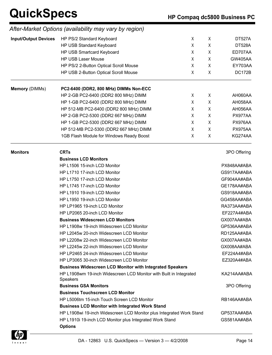 Quickspecs | HP DC5800 User Manual | Page 14 / 44