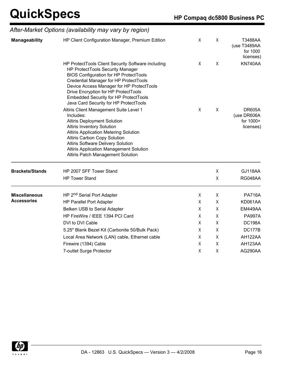 Quickspecs | HP DC5800 User Manual | Page 16 / 44