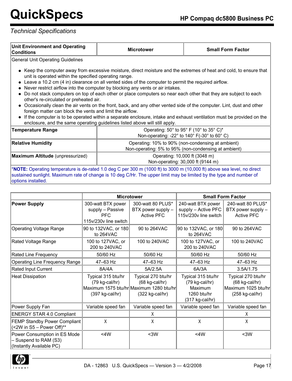 Technical specifications, Quickspecs | HP DC5800 User Manual | Page 17 / 44