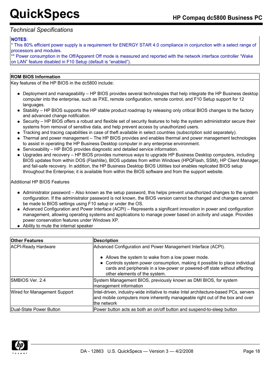 Quickspecs | HP DC5800 User Manual | Page 18 / 44