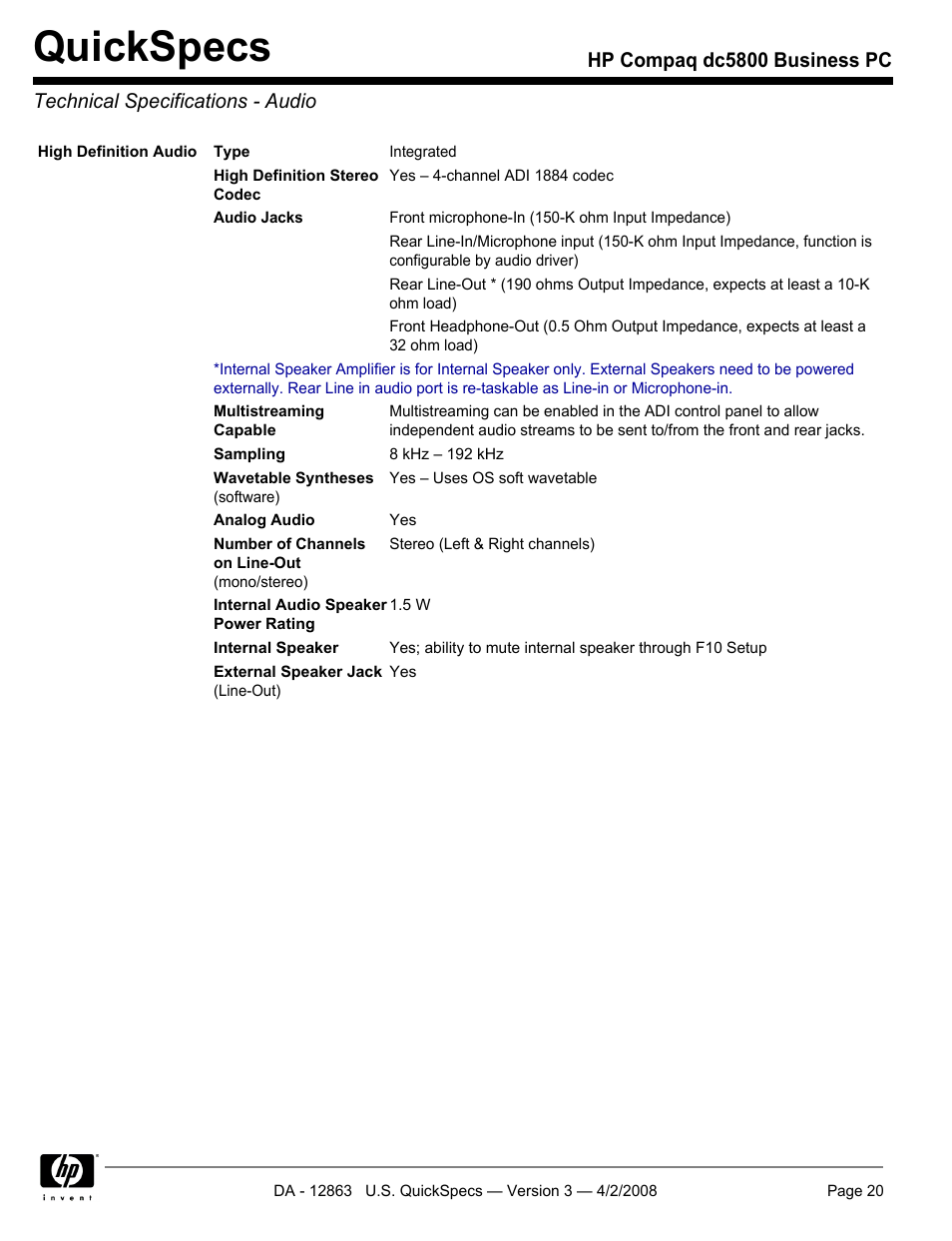 Technical specifications - audio, Quickspecs | HP DC5800 User Manual | Page 20 / 44