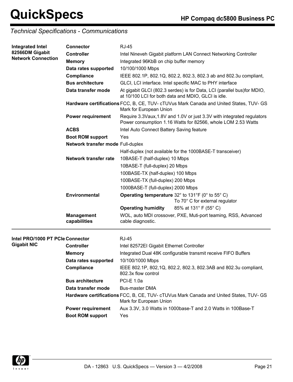 Technical specifications - communications, Quickspecs | HP DC5800 User Manual | Page 21 / 44